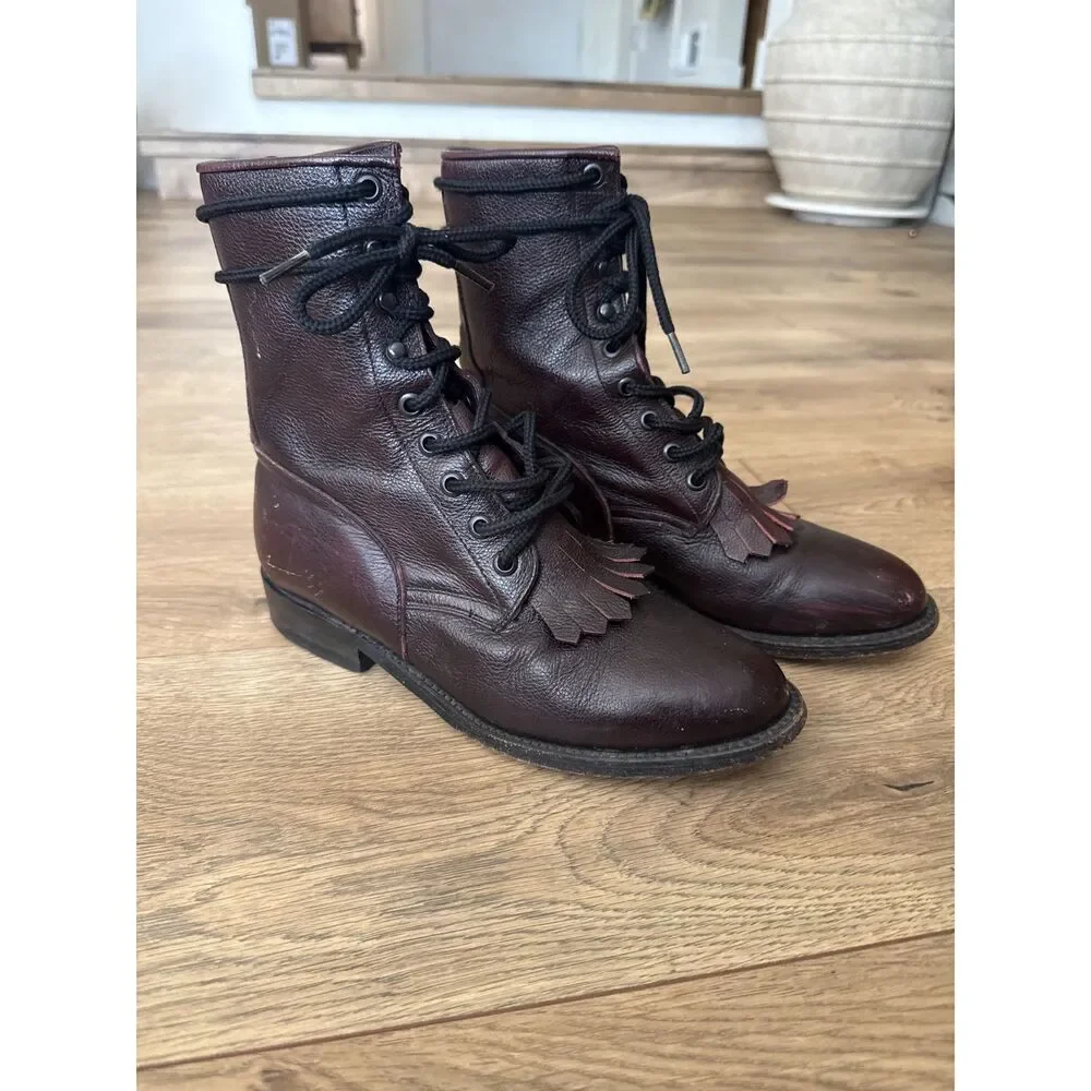 BEN MILLER 7 B Lace up western red leather kilt riding cowboy boot womens
